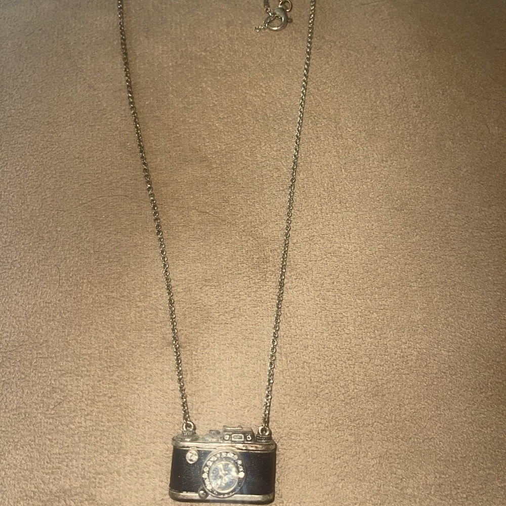 Vintage Fossil Necklace Pendant Black Camera w Rhinestone